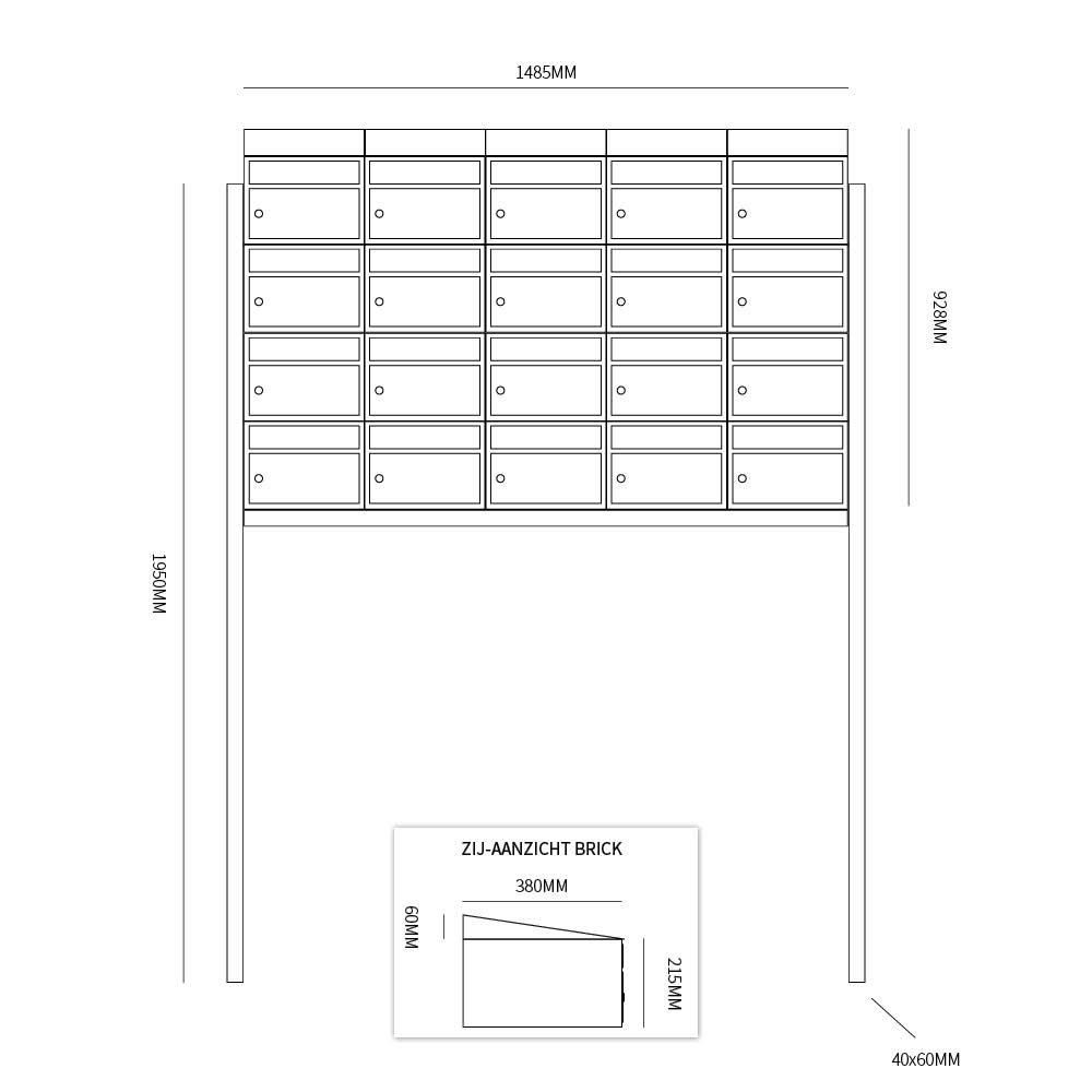 Allux Brievenbusunit Brickset met statief 5 breed 4 hoog met dak antraciet