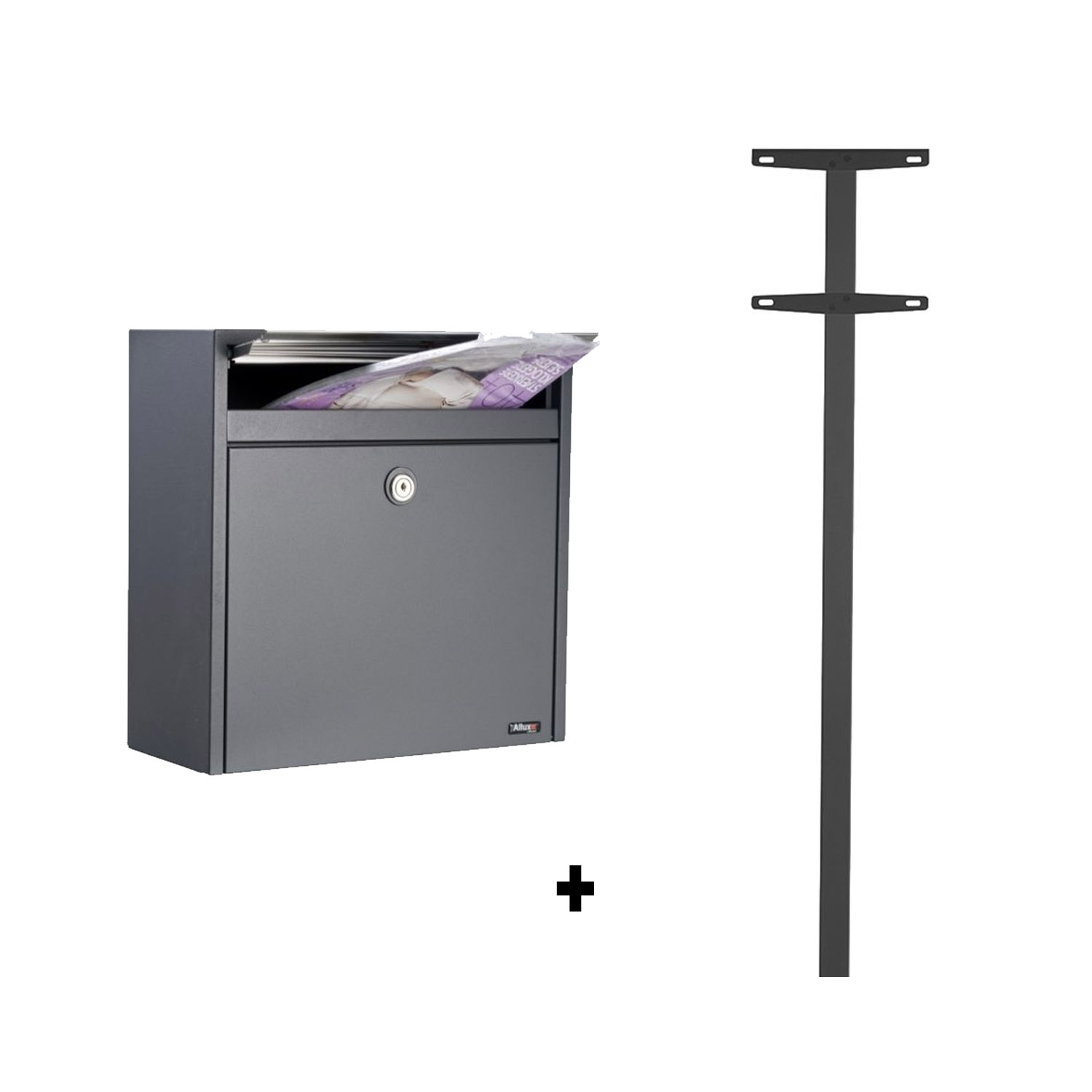 Allux 2500 brievenbus met paal 1003 staal - antraciet met RVS klep