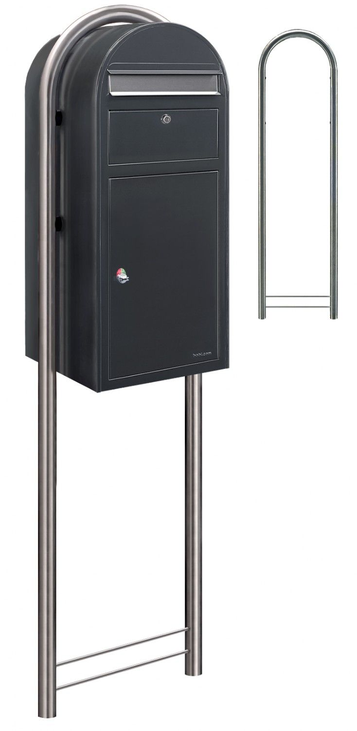 Bobi Cargo pakketbrievenbus en Round statief staal/RVS - donkergrijs/RVS klep